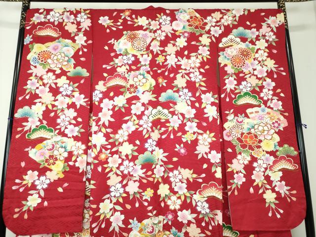 平和屋着物○豪華振袖 駒刺繍 枝垂れ桜 檜扇花文 金彩 正絹 逸品