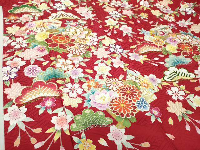 アンティーク着物　二尺袖大正ロマン　小振袖　駒刺繍　檜扇吉祥花文　正絹 アンティーク着物 二尺袖大正ロマン 小振袖 駒刺繍 檜扇吉祥花文