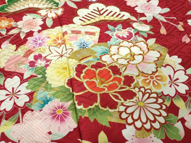 アンティーク着物　二尺袖大正ロマン　小振袖　駒刺繍　檜扇吉祥花文　正絹 アンティーク着物 二尺袖大正ロマン 小振袖 駒刺繍 檜扇吉祥花文