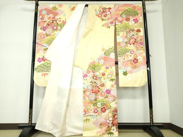 平和屋着物○豪華振袖 駒刺繍 雪輪御所車貝桶花文 金彩 正絹