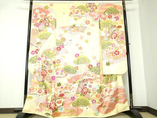 平和屋着物●豪華振袖　駒刺繍　雪輪御所車貝桶花文　金彩　正絹　逸品　DAAQ2926ps