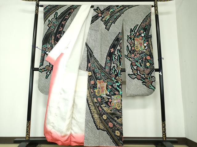 平和屋着物○豪華振袖 絞り 御所車花熨斗文 黒地 金銀彩 やまと誂