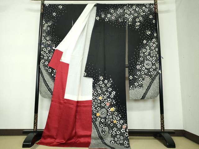 平和屋着物○豪華振袖 駒刺繍 絞り 舞桜 黒地 金糸 京都きもの友禅