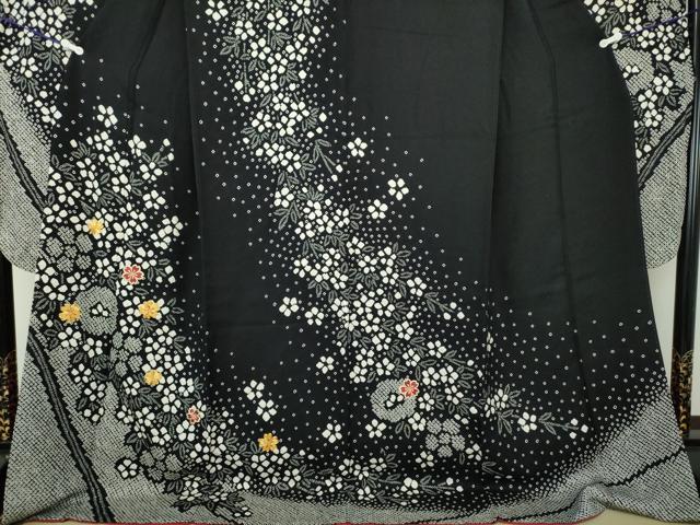 平和屋着物●豪華振袖　駒刺繍　絞り　舞桜　黒地　金糸　京都きもの友禅扱い　正絹　逸品　DAAQ3005ps 平和屋着物○豪華振袖 駒刺繍 絞り 舞桜 黒地 金糸 京都きもの友禅