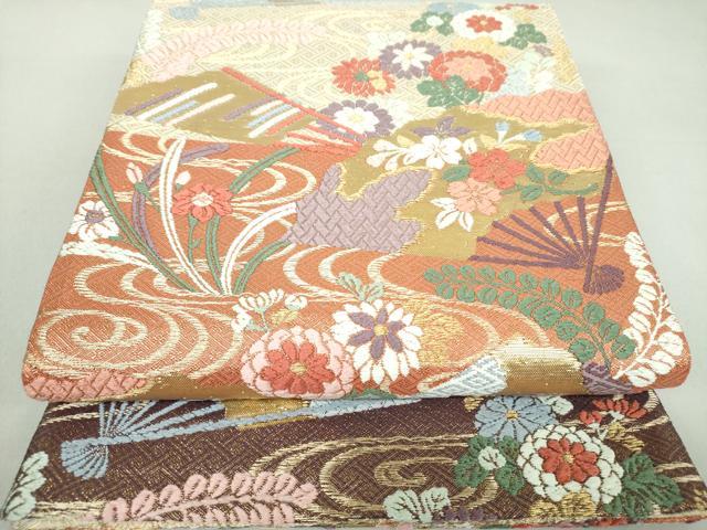 平和屋着物●佐賀錦　六通柄袋帯　唐織　扇面花文　金糸　正絹　逸品　DAAQ3049ps