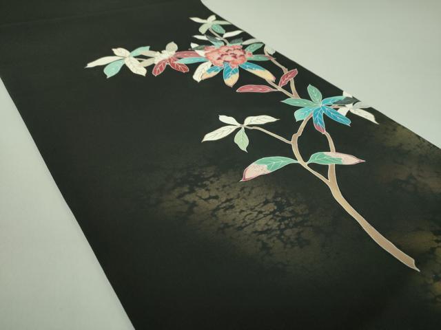 平和屋着物●塩瀬　九寸開き名古屋帯　刺繍　枝花文　黒地　金彩　正絹　逸品　DAAQ3067ps 平和屋着物○塩瀬 九寸開き名古屋帯 刺繍 枝花文 黒地 金彩