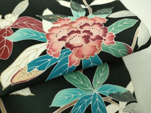 平和屋着物○塩瀬 九寸開き名古屋帯 刺繍 枝花文 黒地 金彩