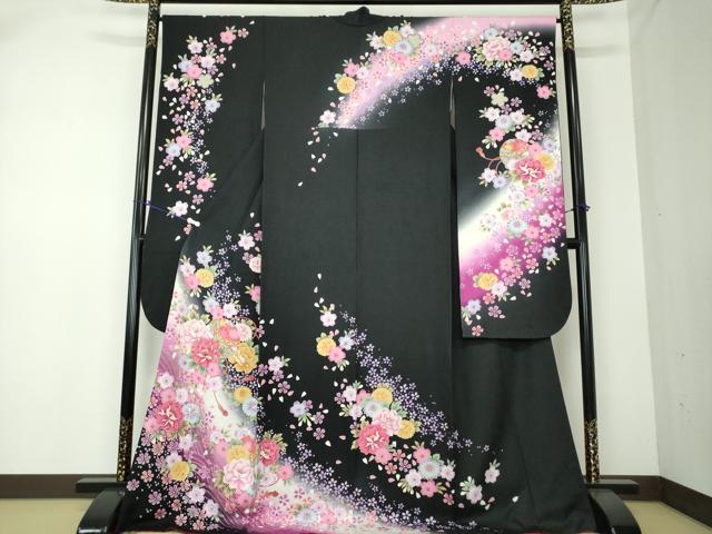 平和屋着物●豪華振袖　刺繍　舞花文　金彩　京都きもの友禅扱い　正絹　逸品　CAAW3858vf 平和屋着物○豪華振袖 刺繍 舞花文 金彩 京都きもの友禅扱い 正絹 逸品