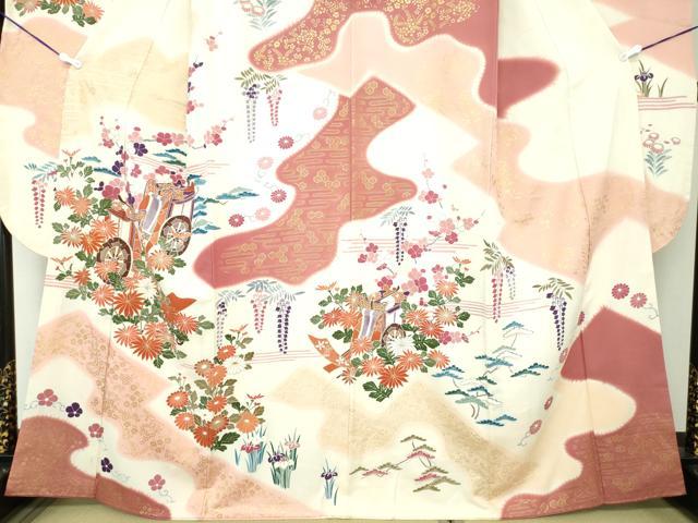 平和屋着物○創業460年・千總 振袖 駒刺繍 御所車花文 金彩
