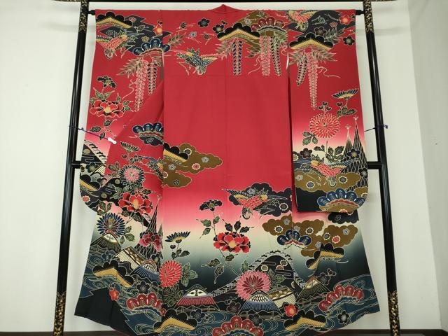 平和屋着物●手ざし京紅型染・宮崎紅型　宮崎良次　振袖　流水風景飛鶴花文　暈し染め　正絹　逸品　DAAQ3185ps