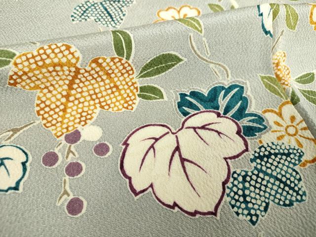 【美品】単衣の小紋　更紗花文　鬼しぼ縮緬　正絹　バチ衿　六通袋帯　葡萄蔓文様 美品】単衣の小紋 更紗花文 鬼しぼ縮緬 正絹 バチ衿 六通袋帯