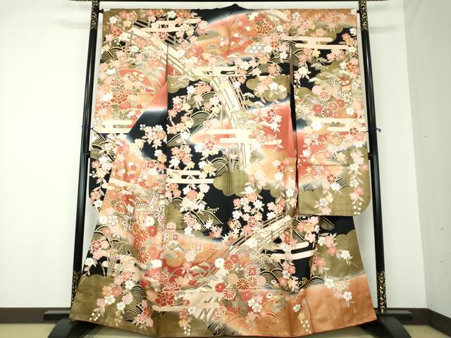 平和屋着物●豪華振袖　駒刺繍　渡橋御所車花文　暈し染め　金彩　正絹　逸品　DAAQ3193ps