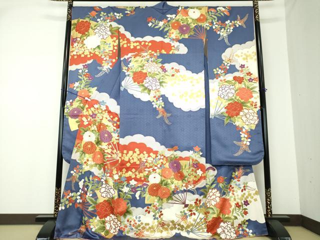 平和屋着物●十日町老舗ブランド　吉澤友禅　吾妻徳穂　振袖　駒刺繍　雲取り扇面花文　金彩　正絹　逸品　DAAQ3195ps
