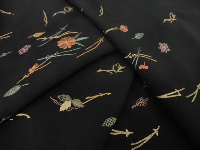 平和屋着物●訪問着　総刺繍　吹き寄せ花文　黒地　金彩　正絹　逸品　DAAQ3219ps