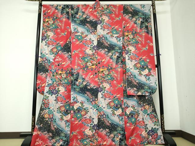 平和屋着物●豪華振袖　型染　風景花鳥文　暈し染め　金彩　正絹　逸品　DAAQ3226ps