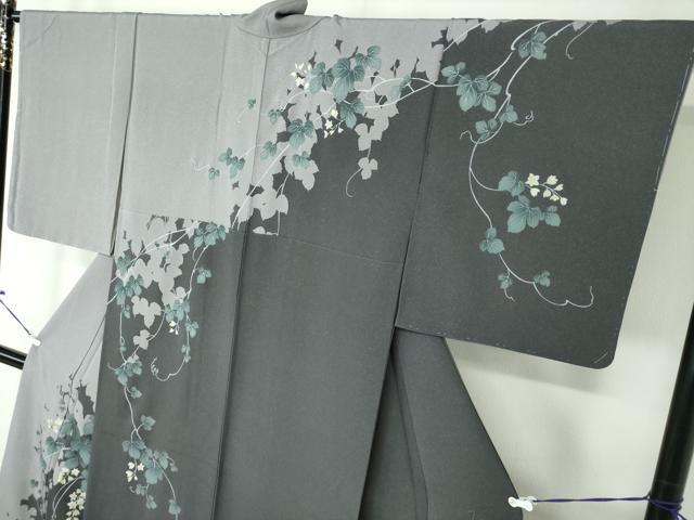 平和屋着物○訪問着 手描き 蔦の葉花文 シルエット 銀彩 正絹