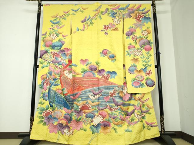 平和屋着物●豪華振袖　駒刺繍　孔雀花文　金彩　正絹　逸品　DAAQ3295ps