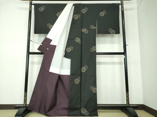 平和屋着物○本場大島紬 一元7マルキ 地空 源氏車文 黒地 ロング