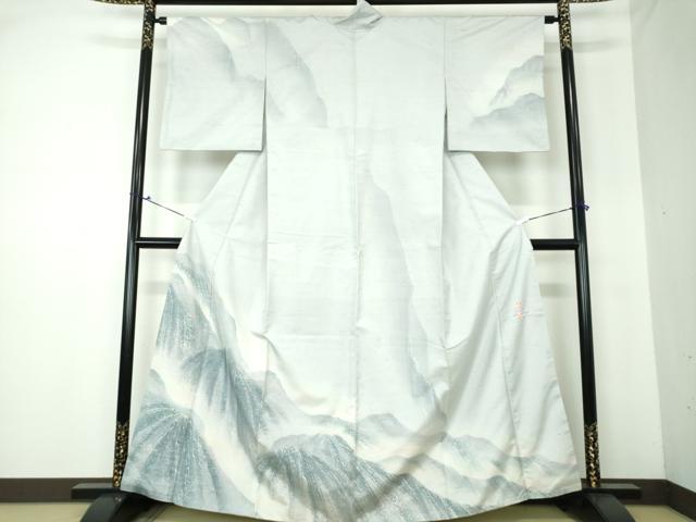 平和屋着物●石川県指定無形文化財　牛首紬　白山工房　手織り　訪問着　作家物　手描き　遠山文　正絹　逸品　DAAQ3467ps