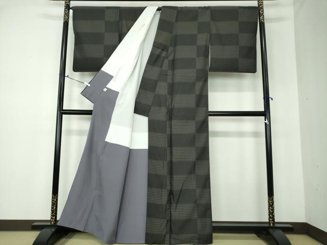 平和屋着物○上質なお召 市松花文 黒地 正絹 逸品 DAAQ3468ps