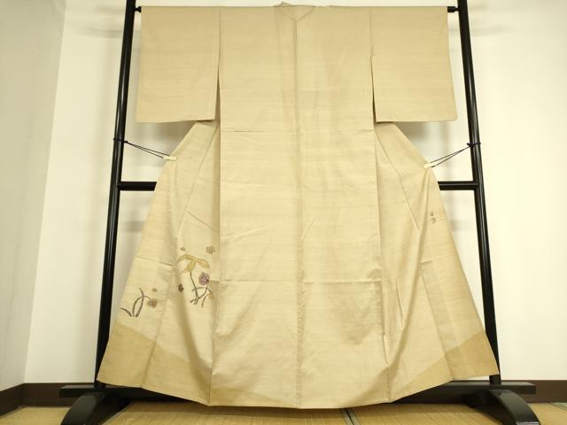 平和屋着物▽西陣　宮階織物　宮繍苑　里葉　付下げ　単衣　紬地　草花文　正絹　逸品　DAAQ3565az