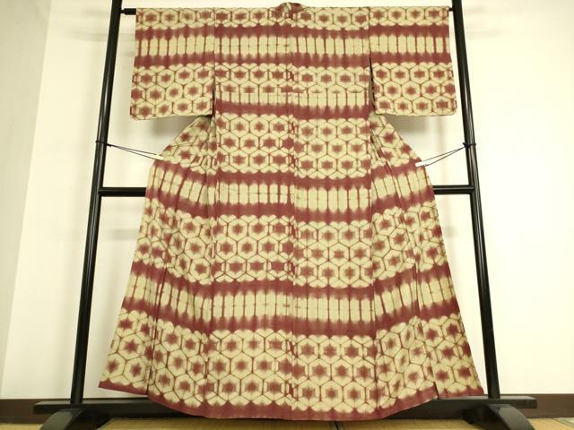 平和屋着物▽上質な紬　単衣　絞り　亀甲柄　正絹　逸品　DAAQ3572az