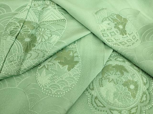 平和屋着物▽訪問着　単衣　総刺繍　陶器花文　青竹色　正絹　逸品　DAAQ3590az