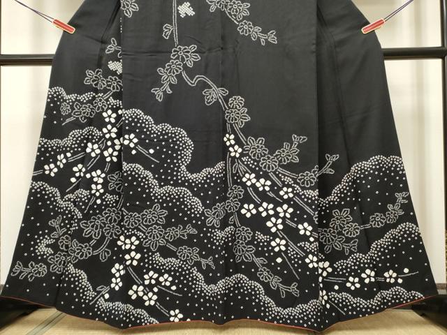 平和屋着物○訪問着 総絞り 草花文 黒地 正絹 逸品 AAAV7187zg