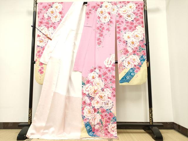 平和屋着物○豪華振袖 刺繍 牡丹花文 暈し染め 銀通し地