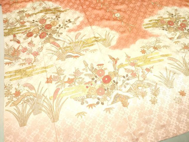 平和屋着物○訪問着 駒刺繍 霞花鳥文 暈し染め 金彩 正絹