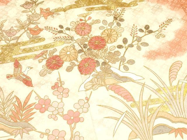 平和屋着物●訪問着　駒刺繍　霞花鳥文　暈し染め　金彩　正絹　逸品　DAAR0274yyy 平和屋着物○訪問着 駒刺繍 霞花鳥文 暈し染め 金彩 正絹