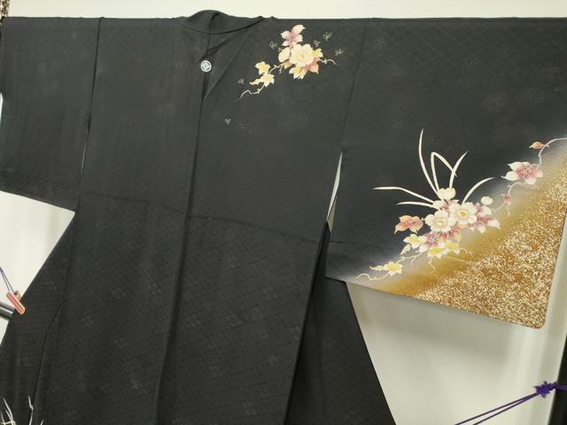 平和屋着物○訪問着 作家物 草花文 暈し染め 黒地 金彩 正絹