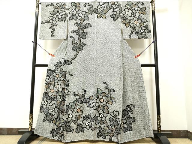 平和屋着物●訪問着　総絞り　枝花文　黒地　金彩　鈴乃屋扱い　正絹　逸品　DAAR0299yyy