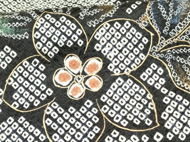 平和屋着物○訪問着 総絞り 枝花文 黒地 金彩 鈴乃屋扱い 正絹