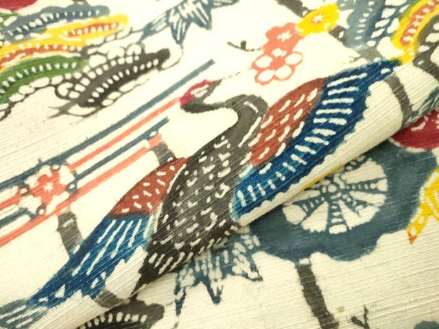 平和屋着物●九寸名古屋帯　紬地　型染　飛鶴花文　正絹　逸品　DAAR0707fe 平和屋着物○九寸名古屋帯 紬地 型染 飛鶴花文