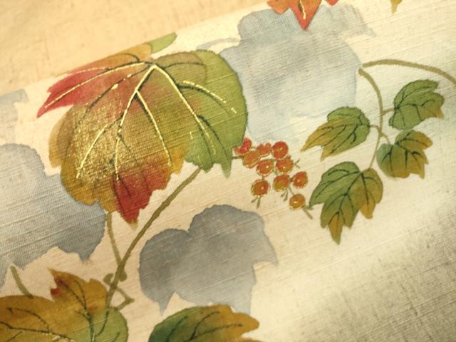 平和屋着物○太鼓柄袋帯 紬地 手描き 南天蔦の葉文 金彩