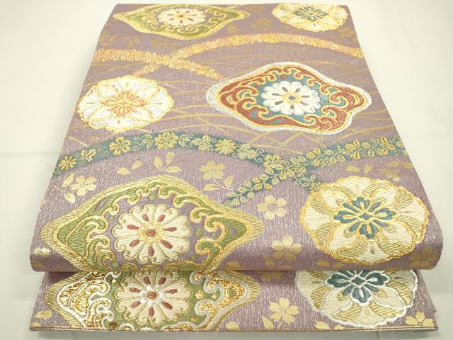 平和屋着物●両面　六通柄袋帯　芝花文　金銀糸　正絹　逸品　DAAR0721fe