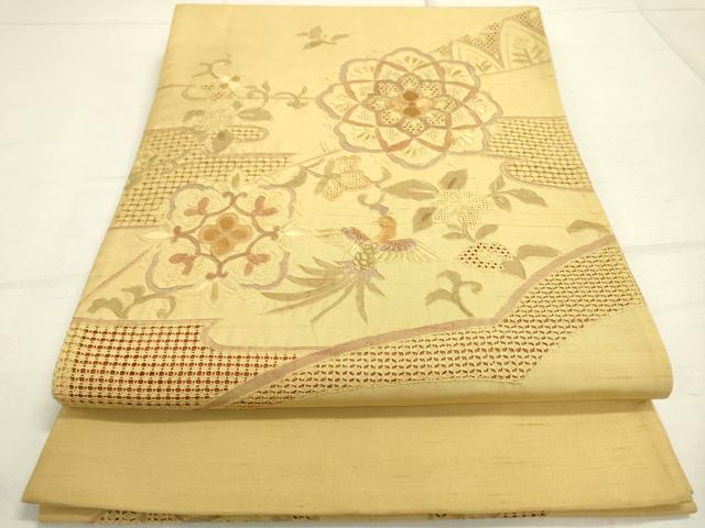 平和屋着物●中国三大刺繍　スワトウ刺繍　汕頭刺繍　総刺繍　太鼓柄袋帯　紬地　正倉院鳳凰花唐草文　正絹　逸品　DAAR0773fe