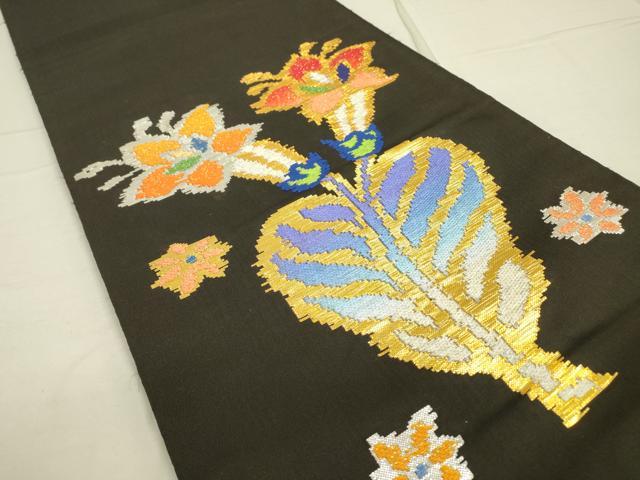 平和屋着物○龍村平蔵製 六通柄 本袋帯 モール一房文 黒地 金銀糸 正絹