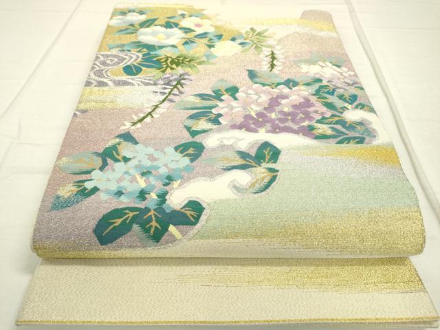 平和屋着物●爪掻き本綴れ　太鼓柄袋帯　紫陽花　椿　金銀糸　正絹　逸品　DAAR0803fe