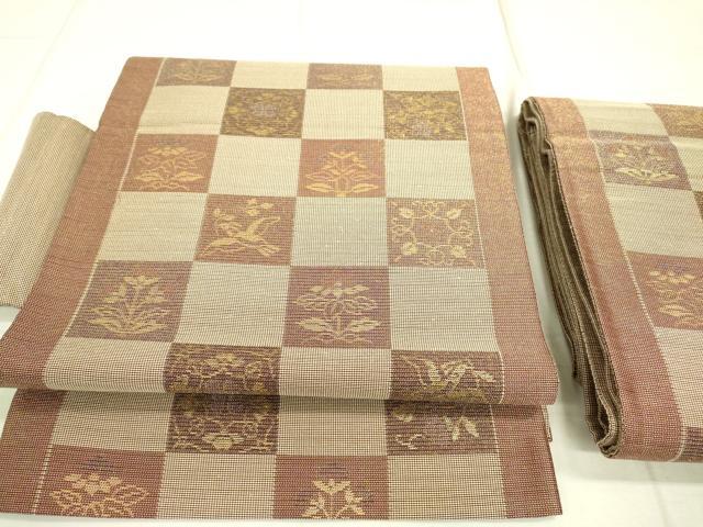 平和屋着物●つけ帯　錦紗　市松花文　金糸　正絹　逸品　DAAR0810fe