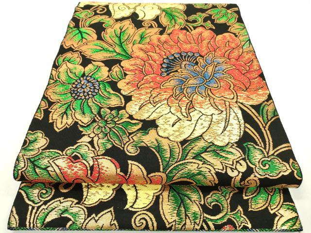 平和屋着物●六通柄　本袋帯　印金大牡丹　黒地　金銀糸　正絹　逸品　DAAR0816fe