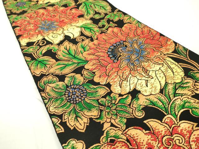 平和屋着物●六通柄　本袋帯　印金大牡丹　黒地　金銀糸　正絹　逸品　DAAR0816fe 平和屋着物○六通柄 本袋帯 印金大牡丹 黒地 金銀糸