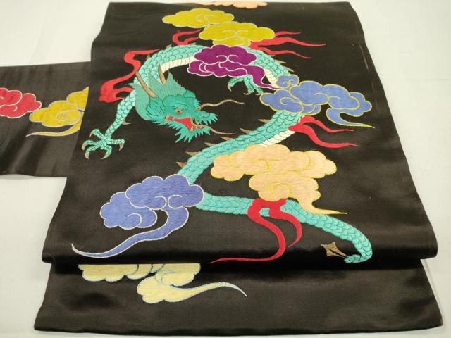 平和屋着物●アンティーク　大正ロマン　九寸名古屋帯　総手刺繍　龍　黒地　金糸　正絹　逸品　DAAR0819fe