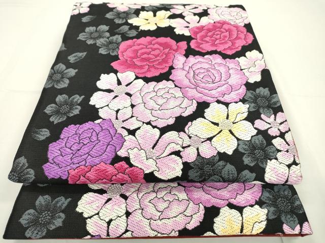 平和屋着物●両面　六通柄袋帯　唐織　草花　薔薇　正絹　逸品　DAAR0832fe