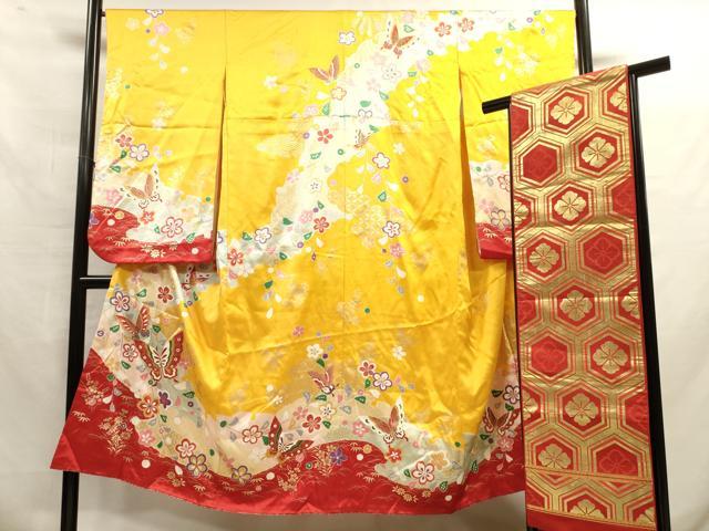 平和屋着物∵女の子　十三参り　子供　祝着・袋帯セット　駒刺繍　舞蝶花文　金彩　逸品　DAAR1452jm