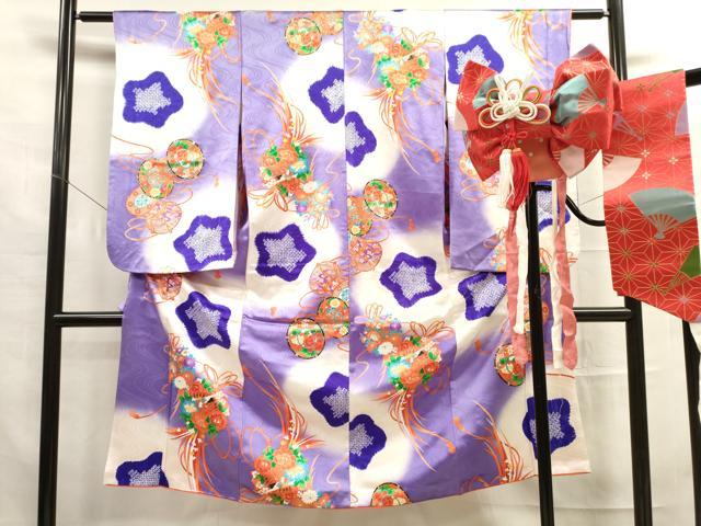 7歳 レトロ薄紫鼓 七五三 お着物・帯セット 七五三 アンティーク着物