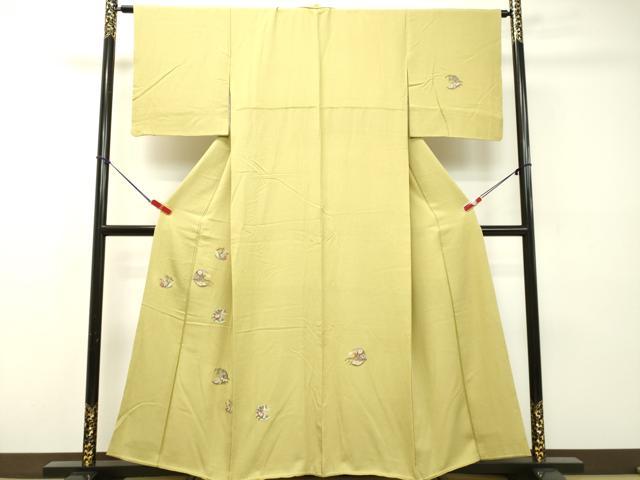 平和屋着物●訪問着　総刺繍　草花文　抹茶色　正絹　逸品　DAAR4321tw