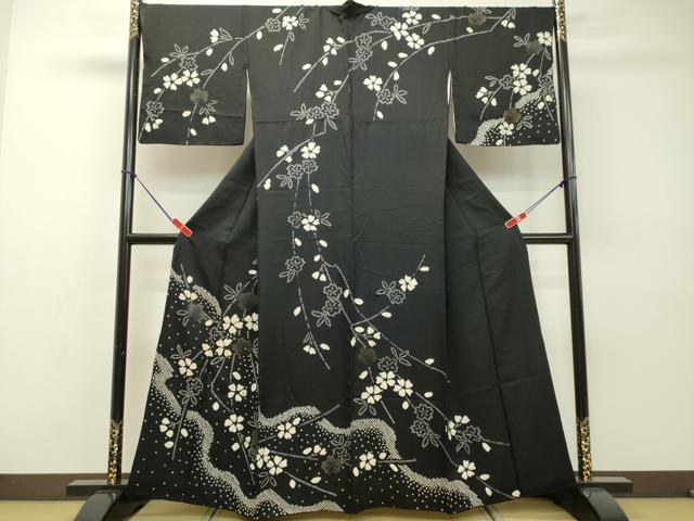 平和屋着物●訪問着　総絞り　枝花文　黒地　正絹　逸品　DAAR4322tw