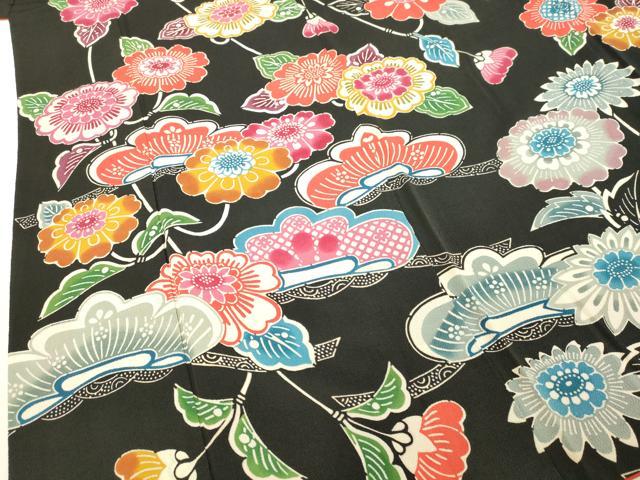 平和屋着物○豪華振袖 型染 草花松文 黒地 鬼しぼ縮緬 正絹 逸品 